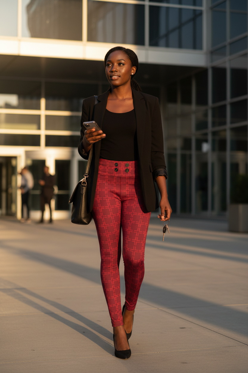 Crimson Windowpane Leggings - Leaving the Office